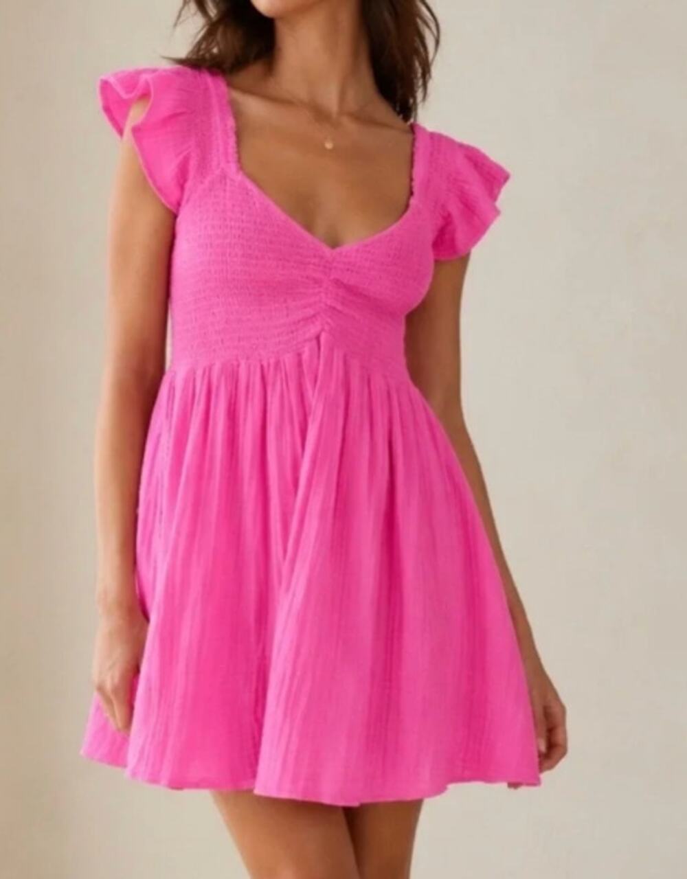 LoveShackFancy Athalia Cotton Ruffle Strap Gauzy Mini Babydoll Dress Pink XL